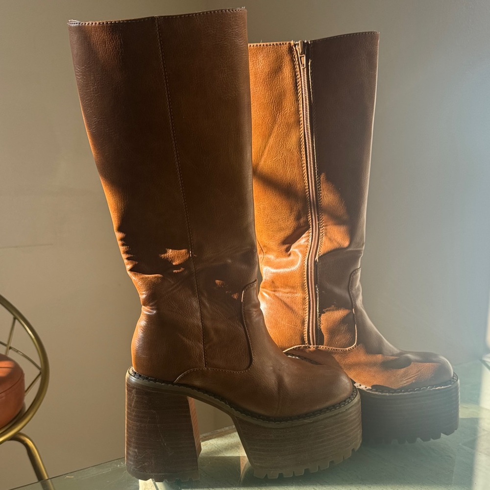 Dolls Kill Tan Platform Knee-High Boots